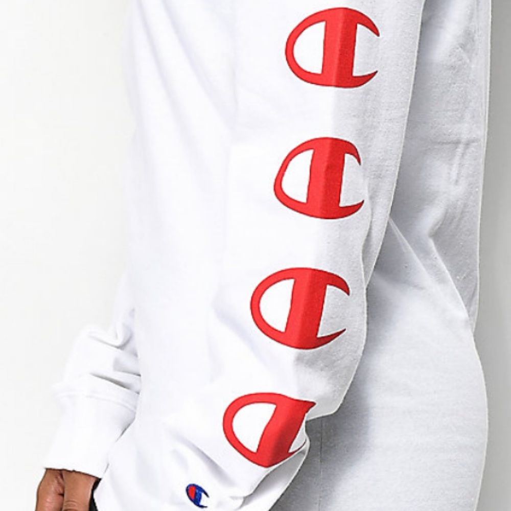 Champion Script White Unisex Long Sleeve T-Shirt - Picture 2 of 7